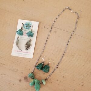 Vintage Turquoise Nugget Necklace Earrings & NEW Feather Earrings Bundle